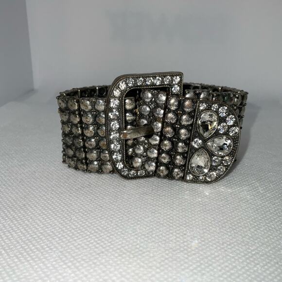 VTG SILVER TONE BELT STYLE RHINESTONE CRYSTAL EXPANDABLE BRACELET - Picture 5 of 9